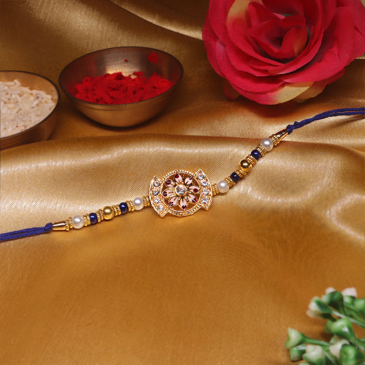 Festive Petals Rakhi Combo – A Twin Sparkle of Gold, Blue & Floral Elegance for Raksha Bandhan