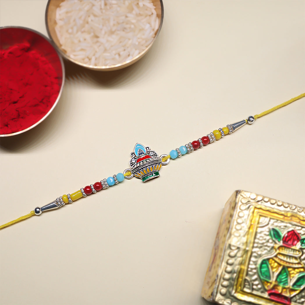 Enamel Heritage Rakhi Set – Crown, Mandala & Peacock-Inspired Charms ( Set of 3)