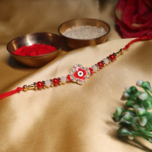 Evil Eye & Crystal Rakhi Set – Red Floral & Blue Beaded Combo (Set of 2)
