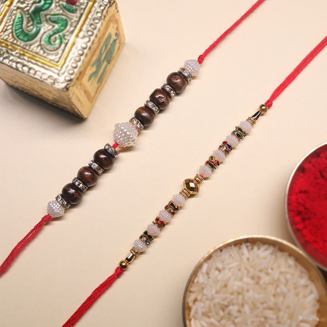 Aarambh Rakhi Pair – Wooden Beads & Pearl Embellished Pair (Set of 2)