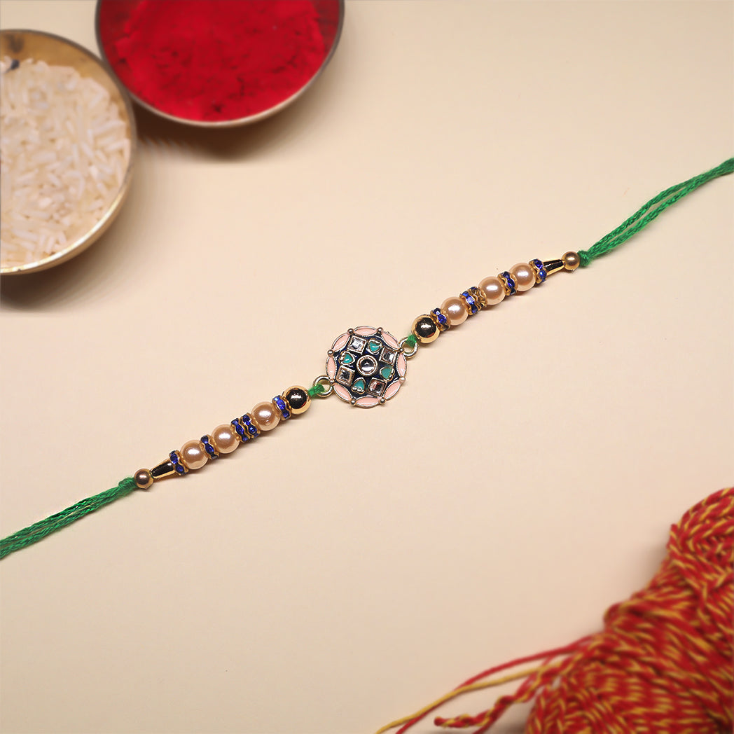 Shubh Viraasat Rakhi Trio– Peacock Drop, Pink Pearl & Emerald Mandala