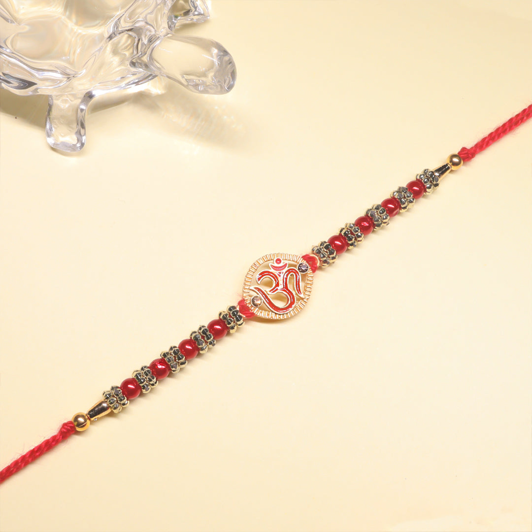 Divya Shakti Trio Rakhi Set – Om, Kalash & Swastik Rakhi Combo