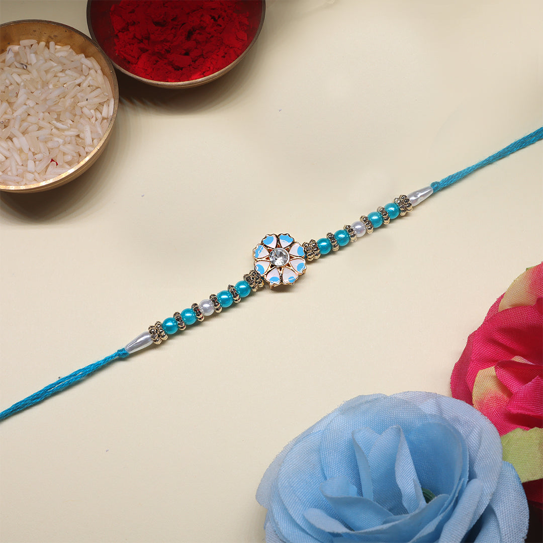 Neel Kamal Rakhi Pair – Aqua Blue Pearl Cluster & Floral Kundan Elegance (Set of 2)