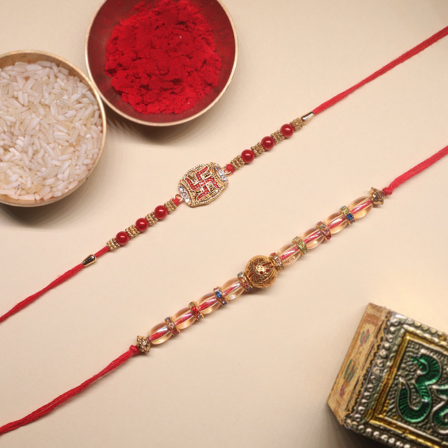 Sanskriti Rakhi Combo – Swastik Blessings & Regal Beadwork for a Sacred Sibling Bond (Set of 2)
