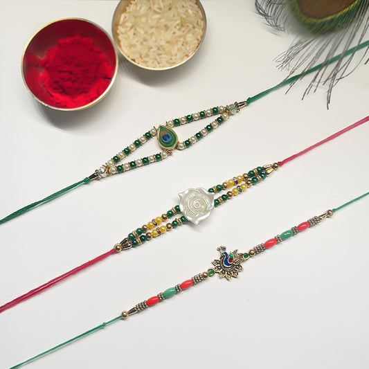 Ethnic Rakhi Set – Peacock, White Rose & Mor Pankh Designs (Set of 3)