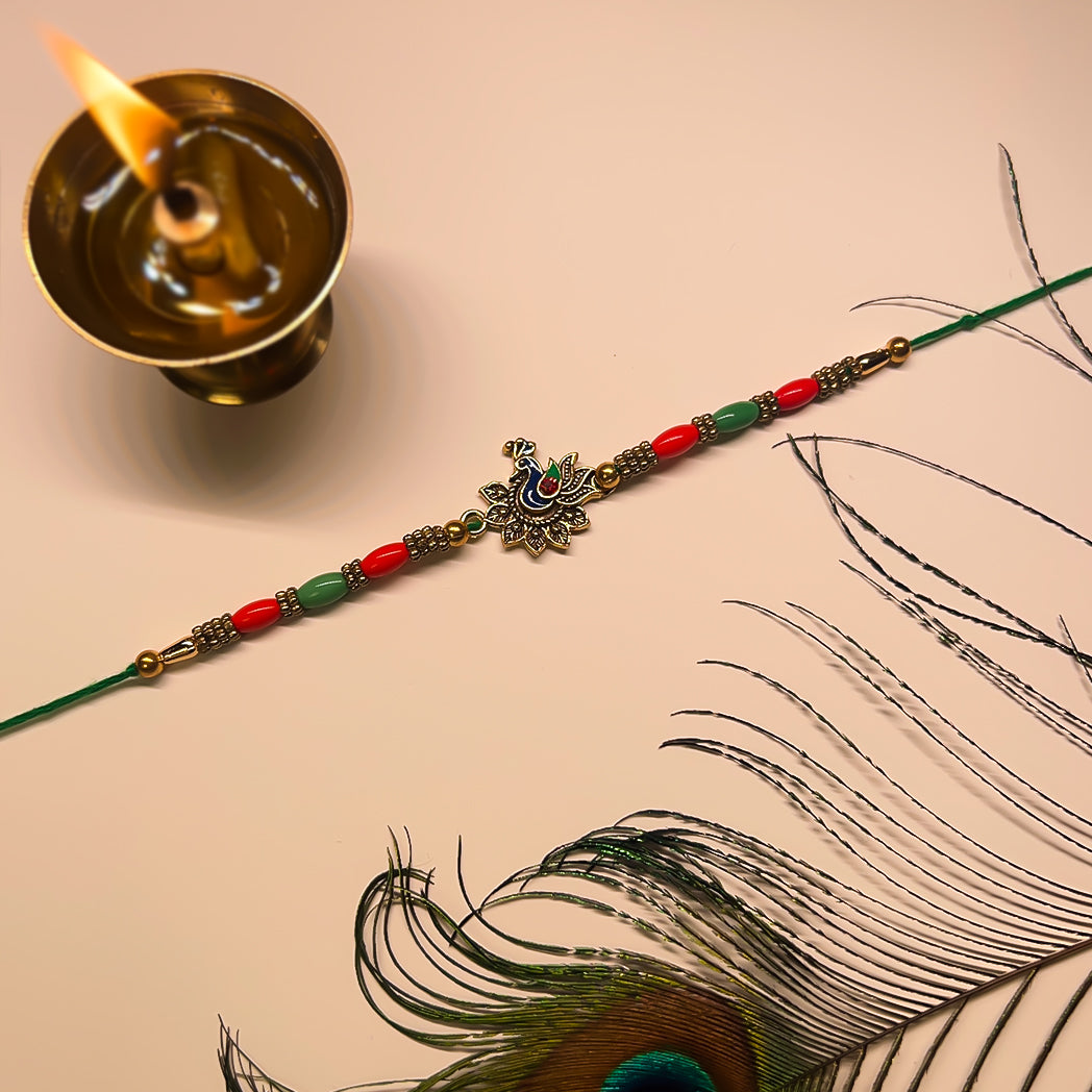 Ethnic Rakhi Set – Peacock, White Rose & Mor Pankh Designs (Set of 3)