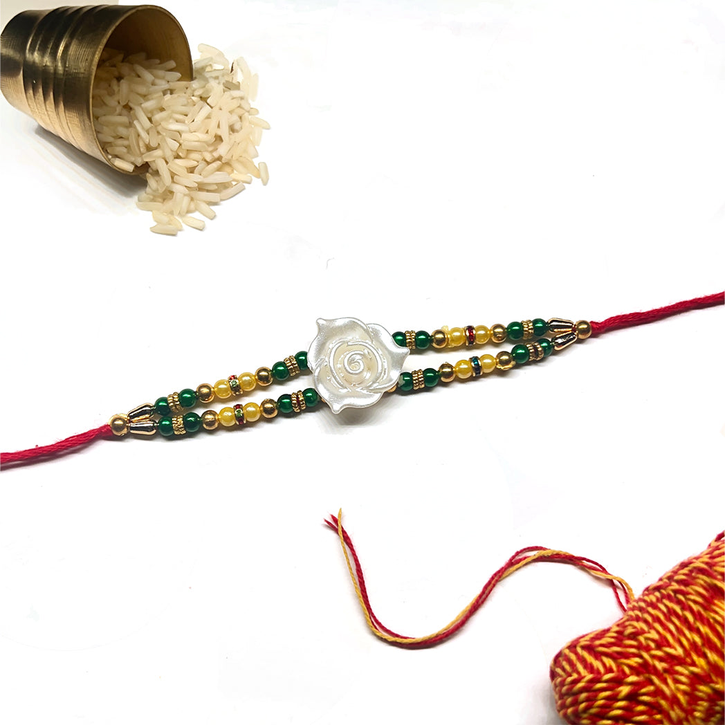 Ethnic Rakhi Set – Peacock, White Rose & Mor Pankh Designs (Set of 3)