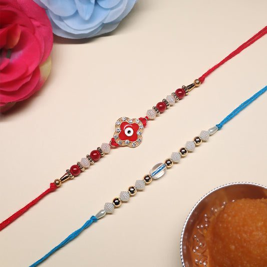 Evil Eye & Crystal Rakhi Set – Red Floral & Blue Beaded Combo (Set of 2)