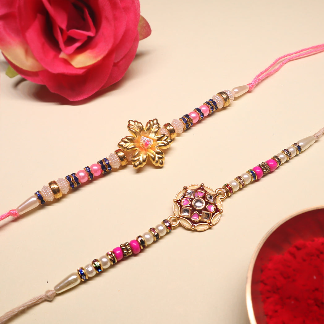 Pink Radiance Rakhi Combo – Golden Petal & Kundan Mandala (Set of 2)
