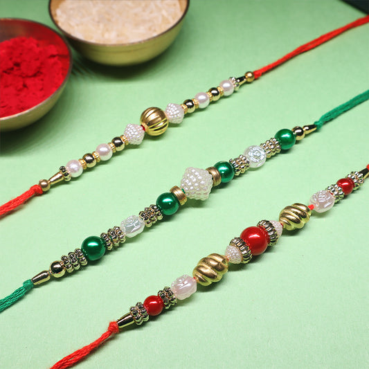 Premium Festive Rakhi Combo – Pearl Luxe & Spiral Bead Trio