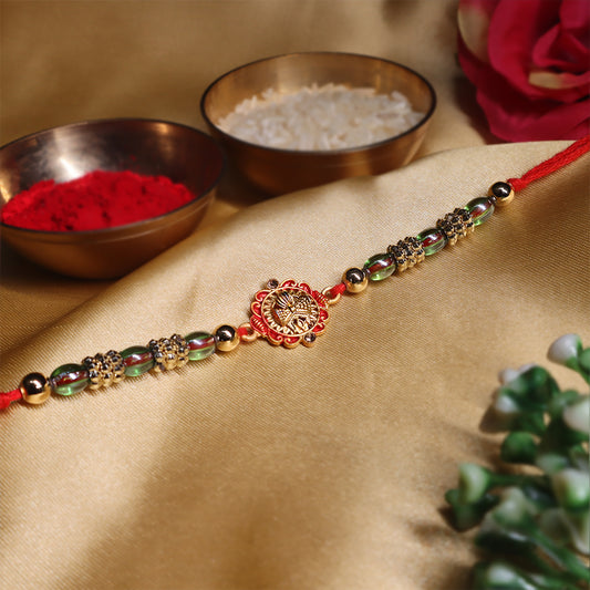 Traditional Charm Rakhi Pair – Lakshmi Blessing & Radiant Glass Beads