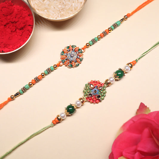 Mandala Grace Rakhi Duo – Traditional Floral & Beaded Set (Set of 2)