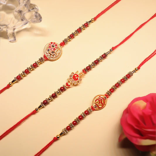 Divya Shakti Trio Rakhi Set – Om, Kalash & Swastik Rakhi Combo