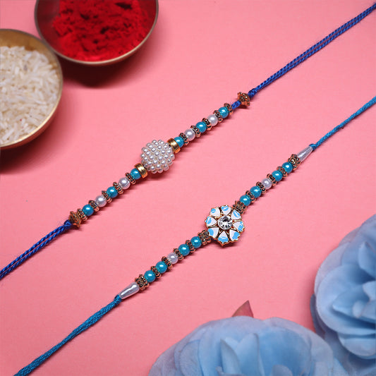 Neel Kamal Rakhi Pair – Aqua Blue Pearl Cluster & Floral Kundan Elegance (Set of 2)