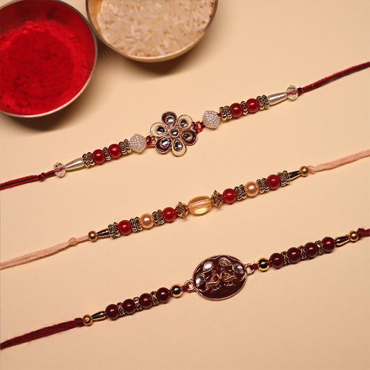 Classic Rakhi Collection – Handcrafted Set with Beads, Enamel & Kundan Work (Set of 3)