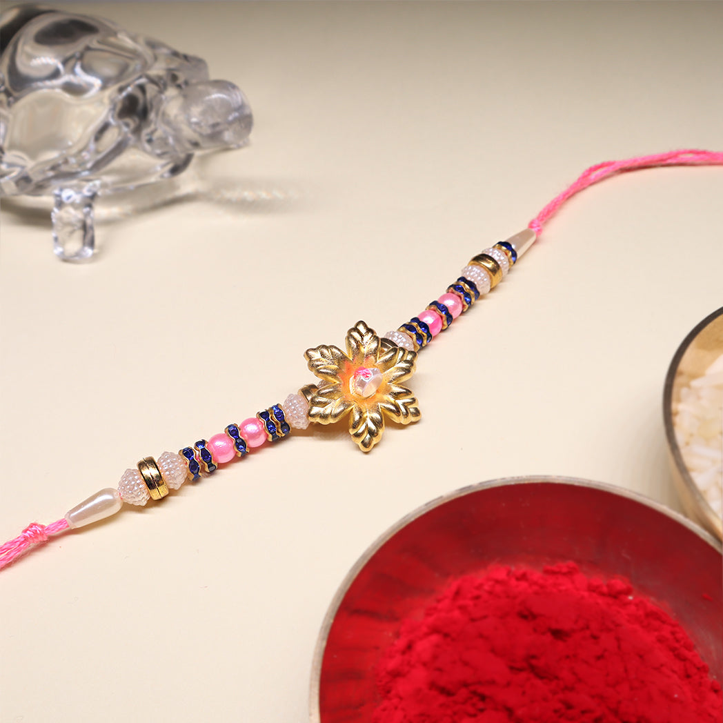 Pink Radiance Rakhi Combo – Golden Petal & Kundan Mandala (Set of 2)
