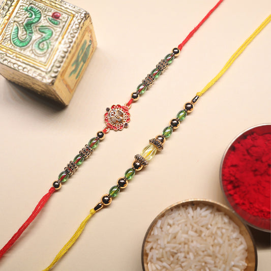 Traditional Charm Rakhi Pair – Lakshmi Blessing & Radiant Glass Beads