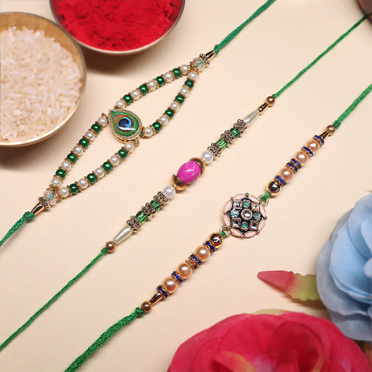 Shubh Viraasat Rakhi Trio– Peacock Drop, Pink Pearl & Emerald Mandala