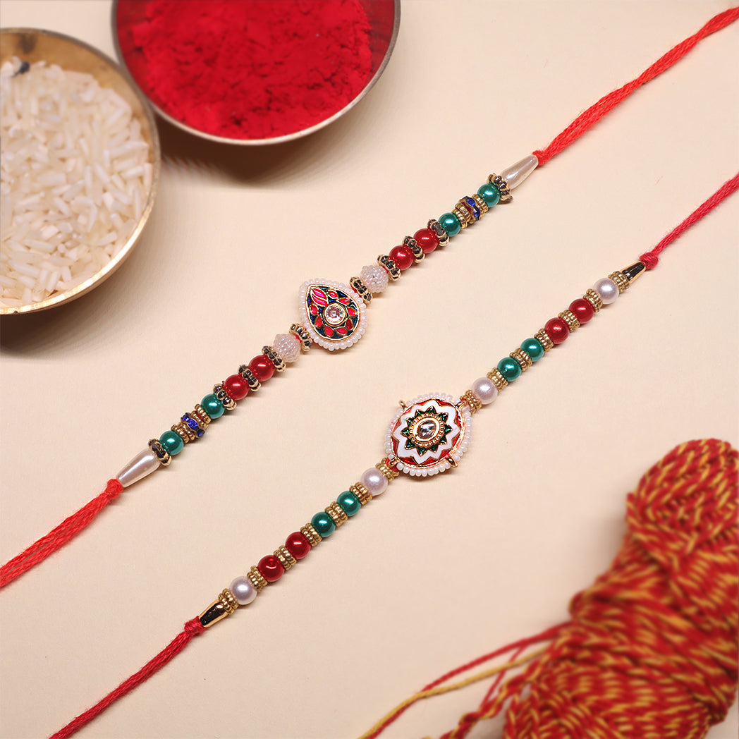 Precious Designer Rakhi Duo – Teardrop & Mandala Inspired Elegance (Set of 2)
