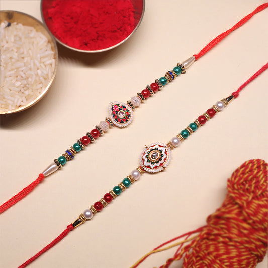Precious Designer Rakhi Duo – Teardrop & Mandala Inspired Elegance (Set of 2)