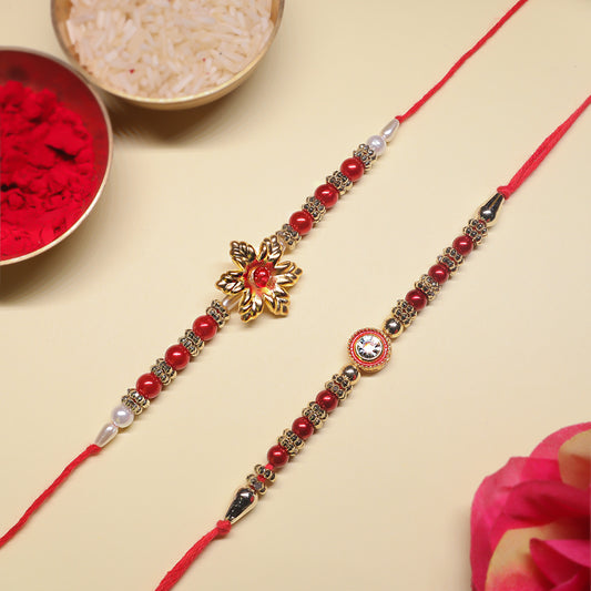 Handcrafted Rakhi Duo - with Floral Motif & Kundan Elegance (Set of 2)