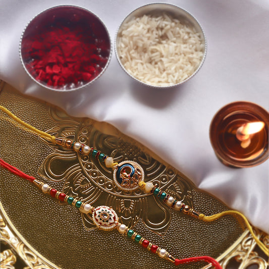 Divine Rakhi Combo – Floral & Round Centerpieces on Vibrant Threads