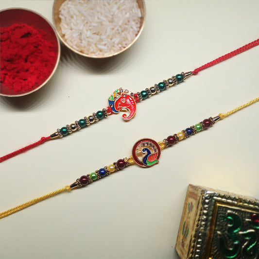 Peacock & Ganpati Rakhi Combo – A Divine Duo of Beauty & Protection ( Set of 2)