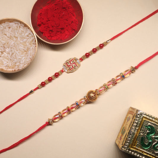 Sanskriti Rakhi Combo – Swastik Blessings & Regal Beadwork for a Sacred Sibling Bond (Set of 2)