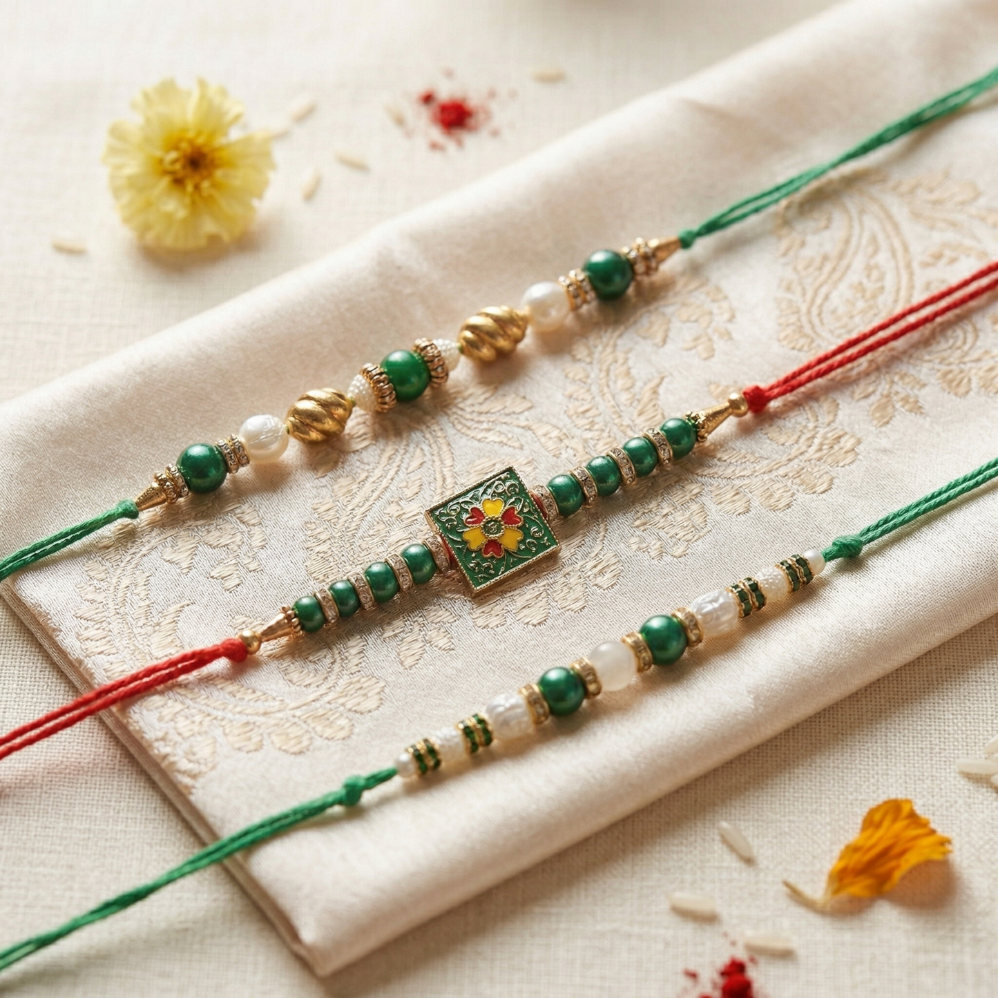 Harmony Rakhi Trio – A Triple Thread of Devotion, Color & Cultural Grace ( Set of 3)