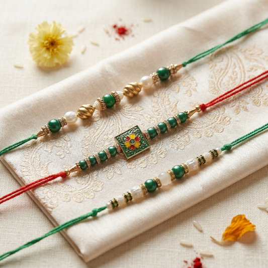 Harmony Rakhi Trio – A Triple Thread of Devotion, Color & Cultural Grace ( Set of 3)