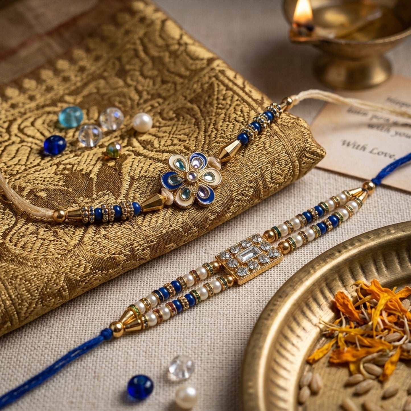 Royal Blue Rakhi Duo – Crystal & Meenakari Charm Set (Set of 2)