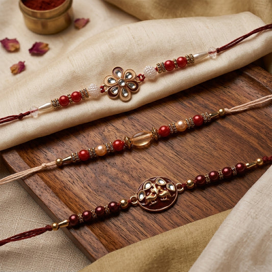 Classic Rakhi Collection – Handcrafted Set with Beads, Enamel & Kundan Work (Set of 3)