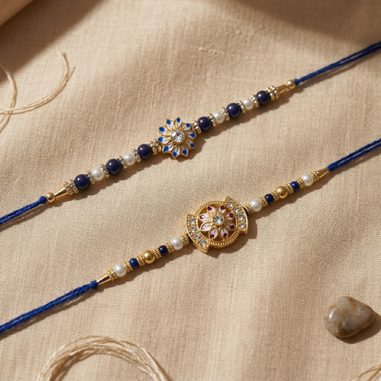 Festive Petals Rakhi Combo – A Twin Sparkle of Gold, Blue & Floral Elegance for Raksha Bandhan
