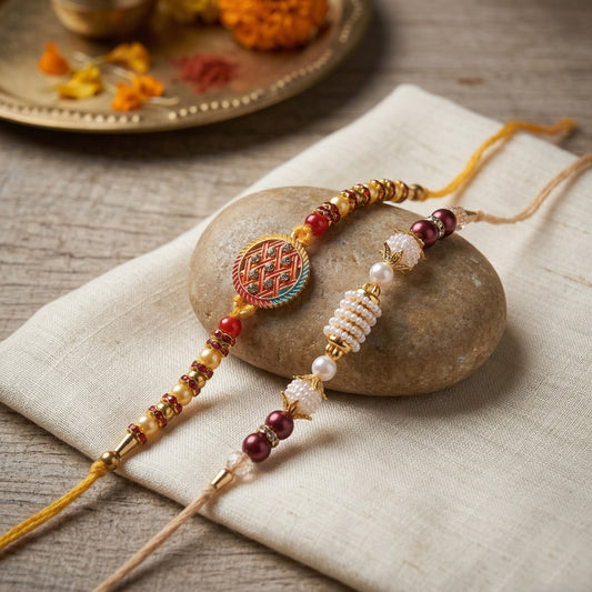 Divine Legacy Rakhi Combo – Swastik Blessings & Royal Thread Design for a Sacred Raksha Bandhan Bond (Set of 2)