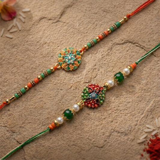 Mandala Grace Rakhi Duo – Traditional Floral & Beaded Set (Set of 2)