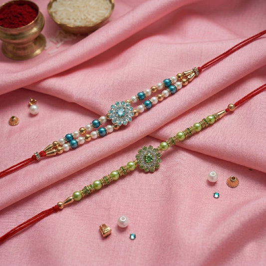 Floral Grace Rakhi Set – A Twin Bloom of Elegance, Radiance & Divine Blessings (Set of 2)