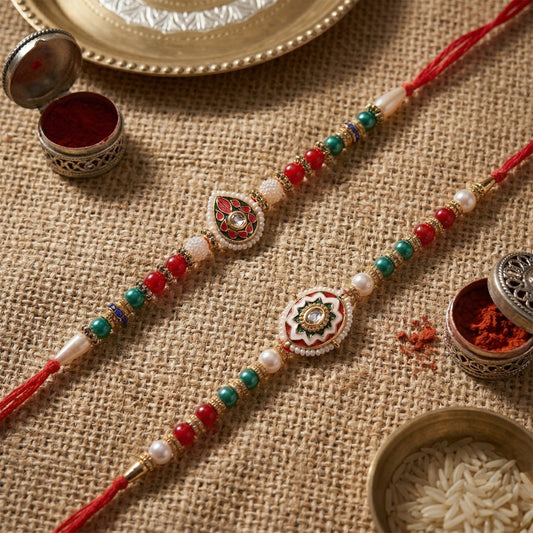 Precious Designer Rakhi Duo – Teardrop & Mandala Inspired Elegance (Set of 2)