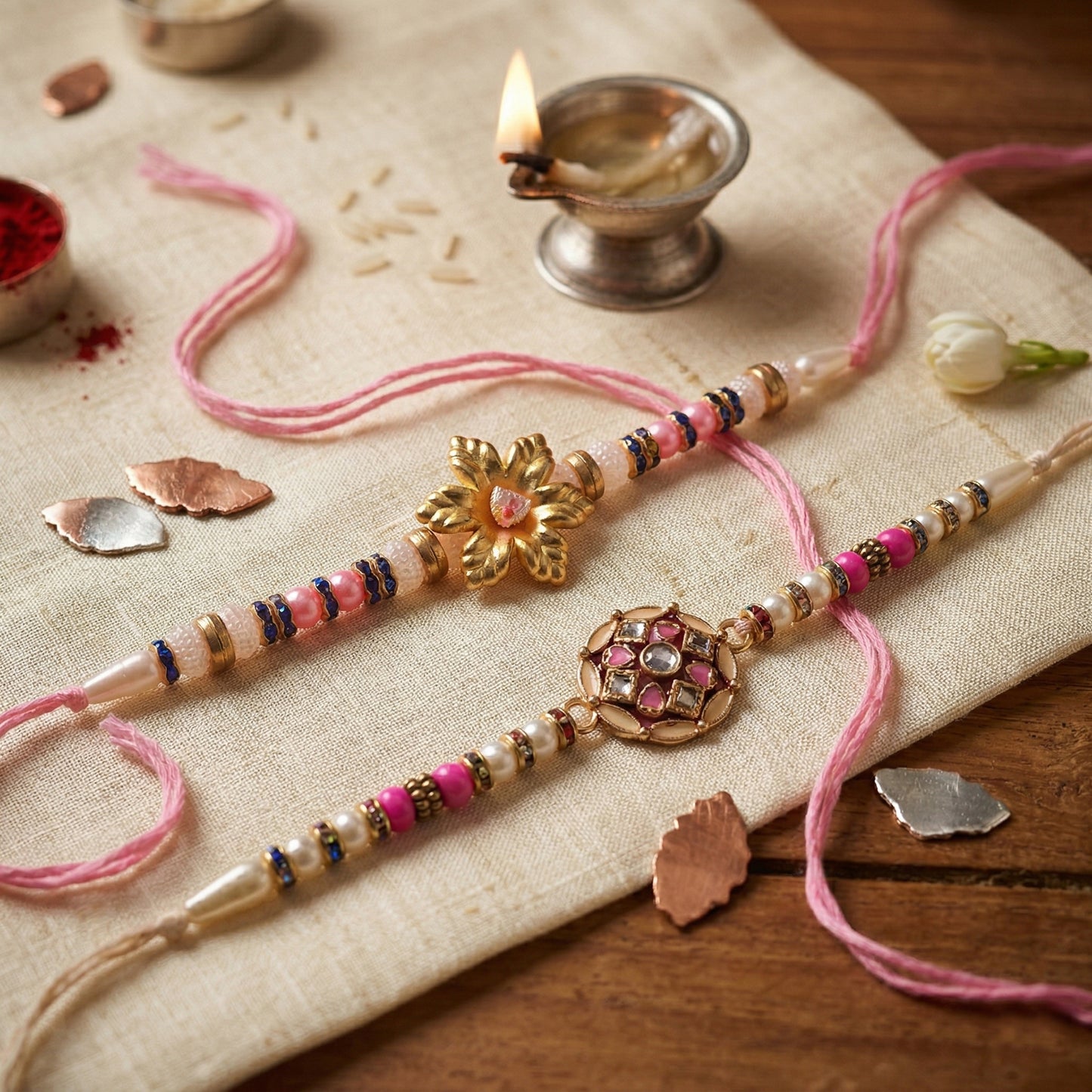 Pink Radiance Rakhi Combo – Golden Petal & Kundan Mandala (Set of 2)