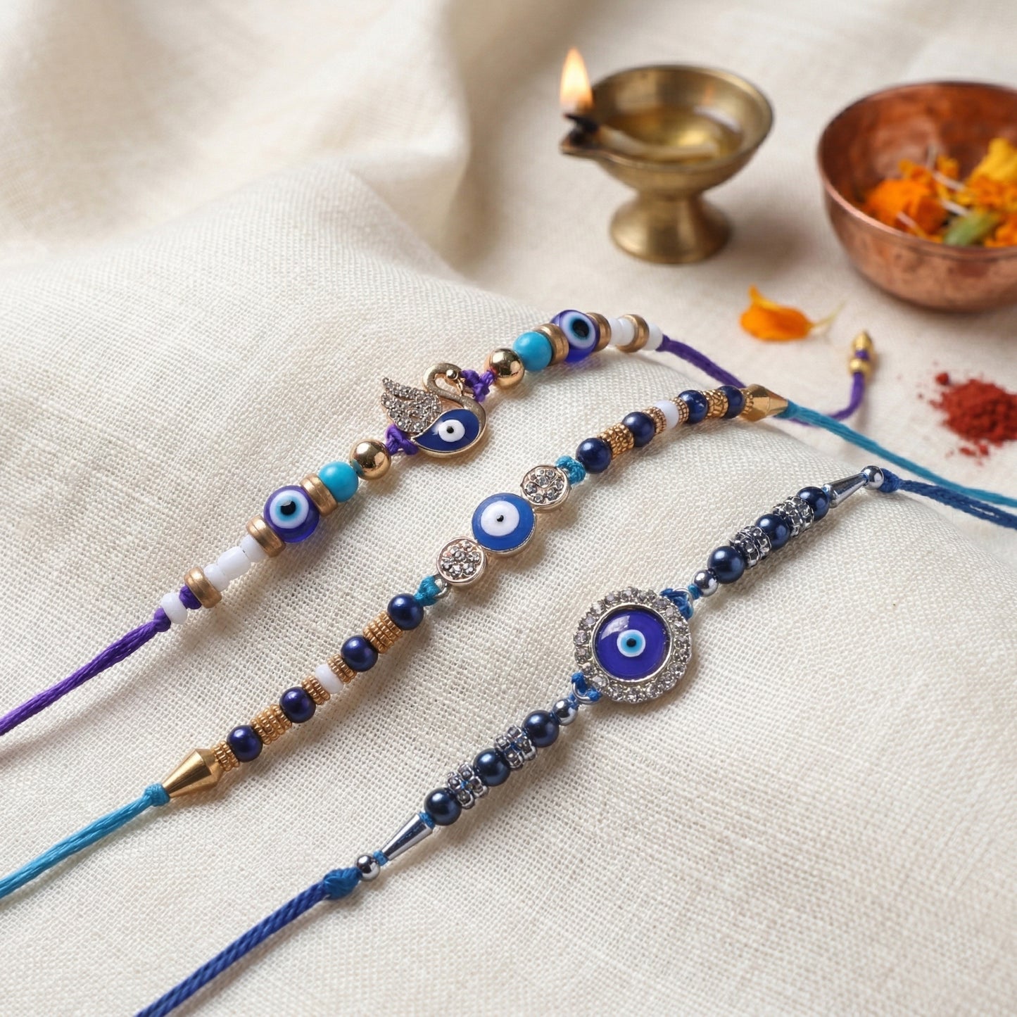 Suraksha Sutra Combo | Evil Eye Protection Rakhi Set | Premium festive packaging (3 pcs)