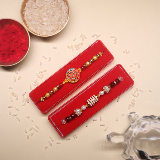 Divine Legacy Rakhi Combo – Swastik Blessings & Royal Thread Design for a Sacred Raksha Bandhan Bond (Set of 2)